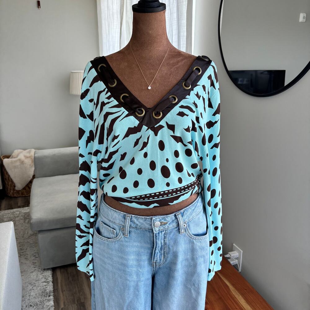 2000s Vintage Metric Blue Brown Mixed Print Grommet Lace Up Top Y2K Size M